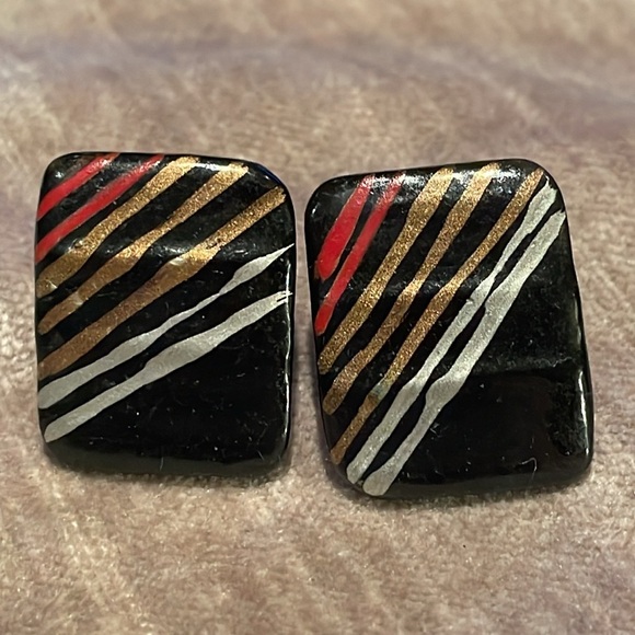 Jewelry - Vintage 80’s Stripe Lightweight Earrings Black Bronze Red & Silver